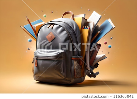 school backpack with books and school supplies, isolated on light orange background 116363041