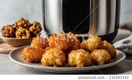 Golden, crispy air fryer snacks on a plate, freshly cooked and ready to eat. 116363142