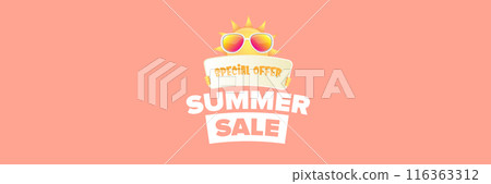 Summer Sale horizontal wide web banner. summer happy sun character holding sign or banner with special offer sale text isolated on soft pastel pink horizontal background. Summer sale Summer Sale horizontal wide web banner. summer happy sun character holding sign or banner with special offer sale text isolated on soft pastel pink horizontal background. Summer sale 116363312