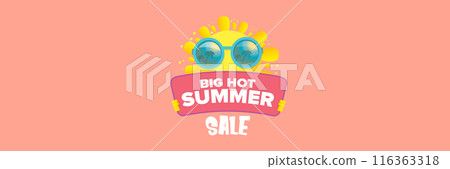 Summer Sale horizontal wide web banner. summer happy sun character holding sign or banner with special offer sale text isolated on soft pastel pink horizontal background. Summer sale 116363318