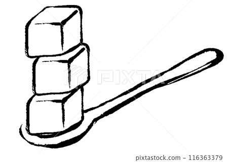 Line drawing illustration of three sugar cubes on a spoon 116363379