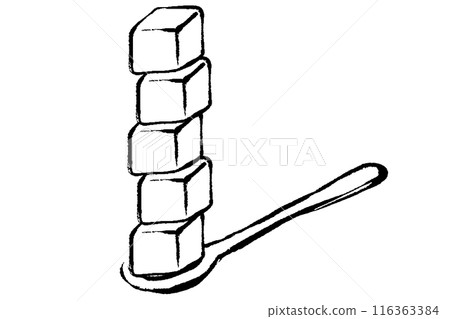 湯匙上 5 個方糖的線條畫插圖 116363384