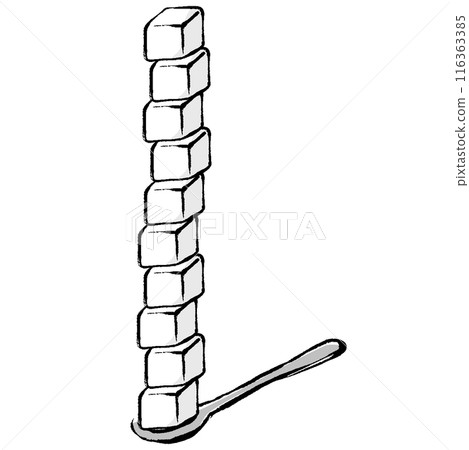 Illustration of 10 sugar cubes on a spoon 116363385