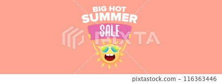 Summer Sale horizontal wide web banner. summer happy sun character holding sign or banner with special offer sale text isolated on soft pastel pink horizontal background. Summer sale 116363446