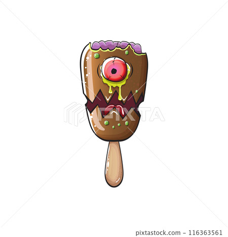 Vector Zombie chocolate ice cream with brain and red eyes isolated on transparent white background. Halloween chocolate monster ice cream zombie character. Monster ice cream Vector Zombie chocolate ice cream with brain and red eyes isolated on transparent white background. Halloween chocolate monster ice cream zombie character. Monster ice cream 116363561