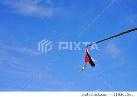 Colorful streamers fluttering in the blue sky 116363563