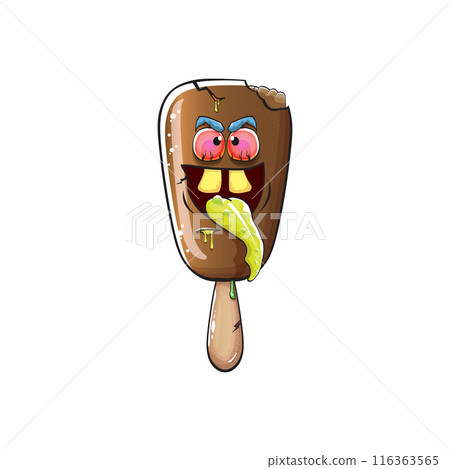 Vector Zombie chocolate ice cream with brain and red eyes isolated on transparent white background. Halloween chocolate monster ice cream zombie character. Monster ice cream 116363565