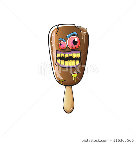 Vector Zombie chocolate ice cream with brain and red eyes isolated on transparent white background. Halloween chocolate monster ice cream zombie character. Monster ice cream 116363566