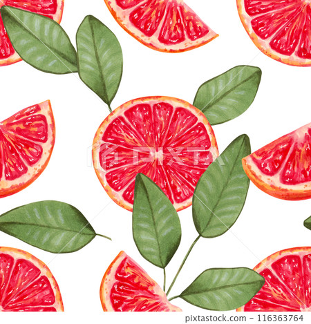 Seamless background of grapefruit slices with leaves. Watercolor illustration. Slices of red citrus fruits. Hand drawn isolated art. Wallpaper ecological product for fabric and kitchen textiles. 116363764