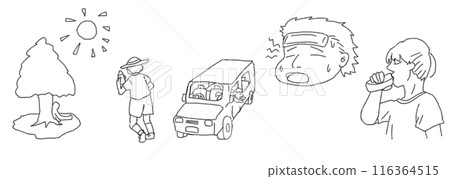 一個人以鉛筆畫風格度過炎熱的一天的線條畫插圖 一個人以鉛筆畫風格度過炎熱的一天的線條畫插圖 116364515
