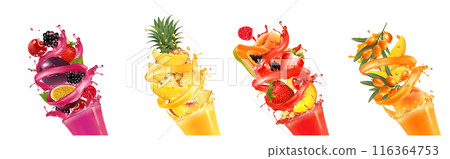 Set of fruit juice splash. Whole and sliced pineapple, mango, peach, orange, cherry, blueberry, strawberry, papaya, sea buckthorns in juice with splashes and drops. Vector Set of fruit juice splash. Whole and sliced pineapple, mango, peach, orange, cherry, blueberry, strawberry, papaya, sea buckthorns in juice with splashes and drops. Vector 116364753