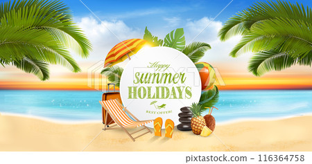 Summer vacation panorama. Tropical beach with a palm tree and Travel items on the beach. Vector. 116364758