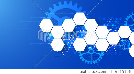 Gear wheel technology pattern on blue gradient background with hexagons. Hand drawn vector. 116365106