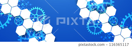 Gear wheel technology pattern on blue gradient background with hexagons. Hand drawn vector. 116365117