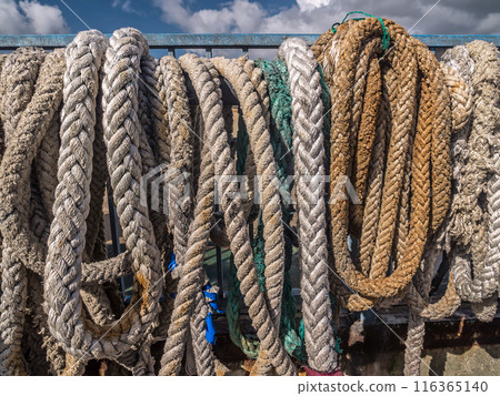 Old mooring cables drying in the port Old mooring cables drying in the port 116365140