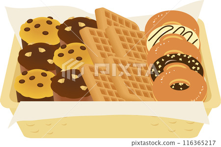 籃子裡的鬆餅、甜甜圈和華夫餅 籃子裡的鬆餅、甜甜圈和華夫餅 116365217