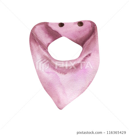 Newborn baby girl pink bib watercolor illustration. Hand drawn children clipart, baby care element for feeding. Painting for room poster, baby shower party design, invitation ,textile decor 116365429