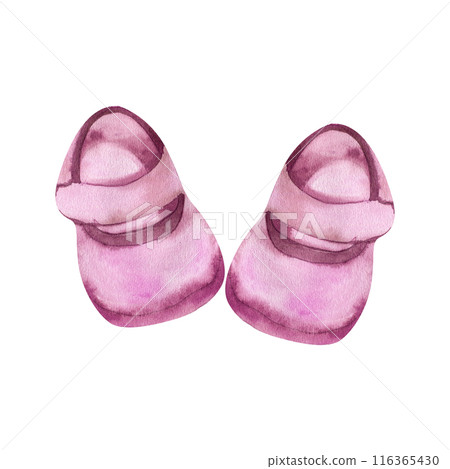 Baby girl pink cute booties watercolor illustration. Hand drawn shoe for newborn, kids clothes for foot. Baby shower party composition for poster, invitation, greeting card design. Baby girl pink cute booties watercolor illustration. Hand drawn shoe for newborn, kids clothes for foot. Baby shower party composition for poster, invitation, greeting card design. 116365430
