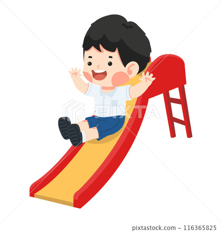 Kids play on playground slide together Kids play on playground slide together 116365825