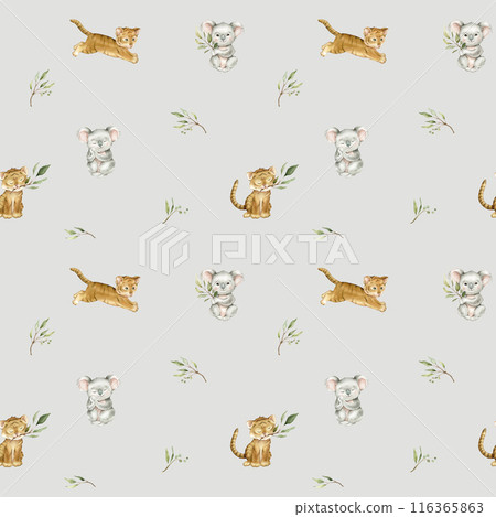 Seamless pattern with green eucalyptus leaves and cute tiger and koala. Watercolor isolated illustration on greybackground. Cartoon kids print with animals minimalist scandinavian style. 116365863