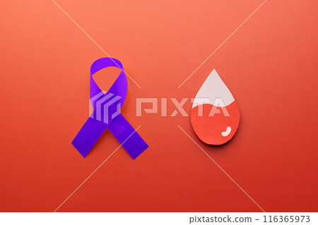 National ITP (Immune thrombocytopenic purpura) awareness month in september. Blood drop shape with purple ribbon on red background. National ITP (Immune thrombocytopenic purpura) awareness month in september. Blood drop shape with purple ribbon on red background. 116365973