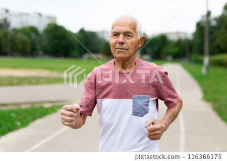 Elderly man with gray hair running in the park Elderly man with gray hair running in the park 116366175
