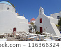 White church with a blue roof, White church with a red roof in Mykonos 116366324