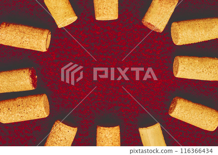 Wine corks on red fabric. Tasting,degustation, sommelier Wine corks on red fabric. Tasting,degustation, sommelier 116366434