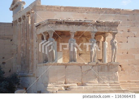 Column with a carved image of a goddess in the Erechtheion temple on the Acropolis, Athens Column with a carved image of a goddess in the Erechtheion temple on the Acropolis, Athens 116366435