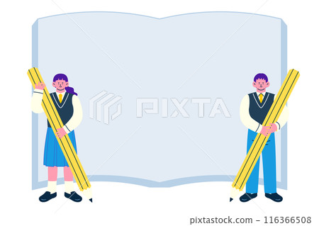 Male and female students in uniforms holding large pencils in their hands, with a frame background of books 116366508