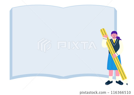 一名身穿制服的女學生手裡拿著一支大鉛筆和書框背景 116366510
