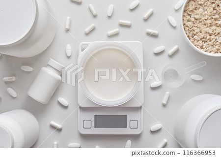 Protein and supplements and diet on white background 116366953