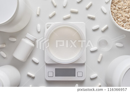 Protein and supplements and diet on white background Protein and supplements and diet on white background 116366957