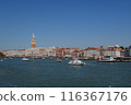 Campanile of Mark's Square and ships passing by as seen from the sea in Venice, Italy 116367176