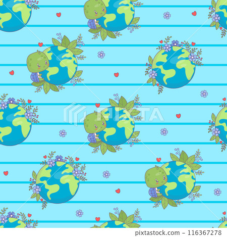 Ecology seamless pattern. Cute cartoon turtle character with planet Earth and flowers on blue striped background. Concept green life, conservation, protection nature and animals. Vector illustration 116367278