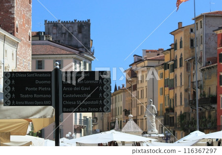 Destination sign at Piazza delle Erbe in Verona, a World Heritage city in Italy 116367297