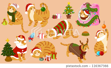 Simple and cute Christmas brown tabby cat illustration set (no main lines) 116367366
