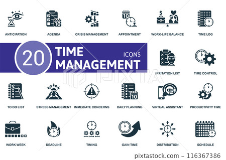 Time Management icon set. Anticipation, Agenda, Crisis Management, Appointment, Work-Life Balance, Time Log, Irritation List, Time Control, To Do List, Stress Management icons and more 116367386