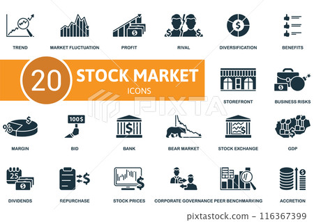 Stock Market icon set. Trend, Market Fluctuation, Profit, Rival, Diversification, Benefits, Storefront, Business Risks, Margin, Bid icons and more 116367399