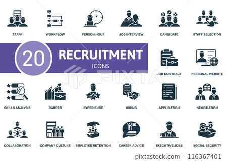 Recruitment icon set. Staff, Workflow, Person Hour, Job Interview, Candidate, Staff Selection, Job Contract, Personal Website, Skills Analysis, Career icons and more 116367401