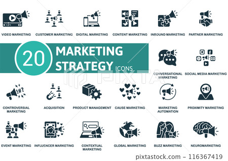 Marketing Strategy icon set. Video Marketing, Customer Marketing, Digital Marketing, Content Marketing, Inbound Marketing, Partner Marketing, Conversational, Social Media Marketing, Controversial Marketing Strategy icon set. Video Marketing, Customer Marketing, Digital Marketing, Content Marketing, Inbound Marketing, Partner Marketing, Conversational, Social Media Marketing, Controversial 116367419