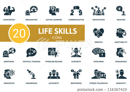 Life Skills icon set. Confidence, Imagination, Active Learning, Communication, Negotiation, Ideation, Empathy, Adaptability, Emotional, Critical Thinking icons and more Life Skills icon set. Confidence, Imagination, Active Learning, Communication, Negotiation, Ideation, Empathy, Adaptability, Emotional, Critical Thinking icons and more 116367420