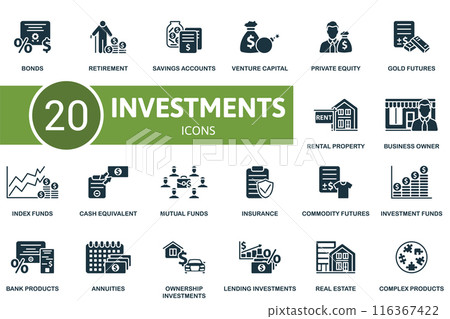 Investments icon set. Bonds, Retirement, Savings Accounts, Venture Capital, Private Equity, Gold Futures, Rental Property, Business Owner, Index Funds, Cash Equivalent icons and more Investments icon set. Bonds, Retirement, Savings Accounts, Venture Capital, Private Equity, Gold Futures, Rental Property, Business Owner, Index Funds, Cash Equivalent icons and more 116367422