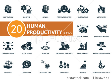 Human Productivity icon set. Inspiration, Routine, Genius, Positive Emotion, Automatism, Motivation, Brain Power, Procrastination, Career Choise, Good Sense icons and more Human Productivity icon set. Inspiration, Routine, Genius, Positive Emotion, Automatism, Motivation, Brain Power, Procrastination, Career Choise, Good Sense icons and more 116367435