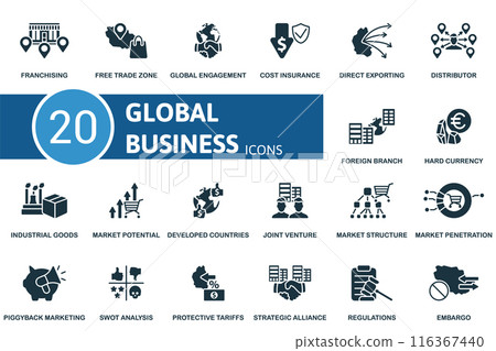 Global Business icon set. Franchising, Free Trade Zone, Global Engagement, Cost Insurance, Direct Exporting, Distributor, Foreign Branch, Hard Currency, Industrial Goods, Market Potential icons and Global Business icon set. Franchising, Free Trade Zone, Global Engagement, Cost Insurance, Direct Exporting, Distributor, Foreign Branch, Hard Currency, Industrial Goods, Market Potential icons and 116367440