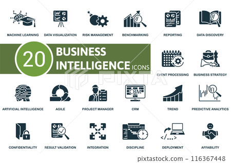 Business Intelligence icon set. Machine Learning, Data Visualization, Risk Management, Benchmarking, Reporting, Data Discovery, Event Processing, Business Strategy, Artificial Intelligence, Agile Business Intelligence icon set. Machine Learning, Data Visualization, Risk Management, Benchmarking, Reporting, Data Discovery, Event Processing, Business Strategy, Artificial Intelligence, Agile 116367448