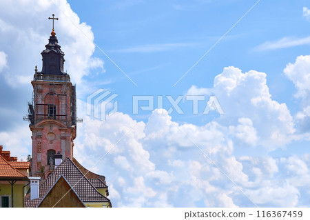 Belfry of the Christian Cathedral.Roofs the medieval city.Blue sky,clouds 116367459