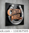 image logo labled "content maker"  with horse shoe  on soft grey  background for branding. Ai generated 116367505