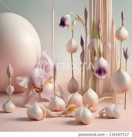 stunning art background with pale dust pink irises and design elements. 3D render digital artwork for branding and design . Ai generated stunning art background with pale dust pink irises and design elements. 3D render digital artwork for branding and design . Ai generated 116367517