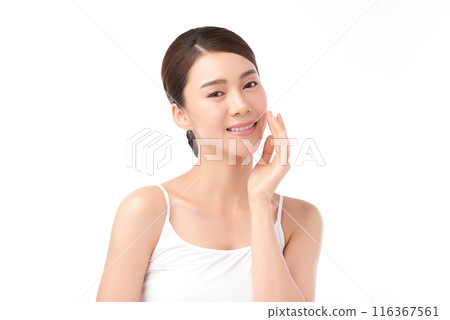 Beautiful young asian woman with clean fresh skin on white background, Face care, Facial treatment, Cosmetology, beauty and spa, Asian women portrait. Beautiful young asian woman with clean fresh skin on white background, Face care, Facial treatment, Cosmetology, beauty and spa, Asian women portrait. 116367561